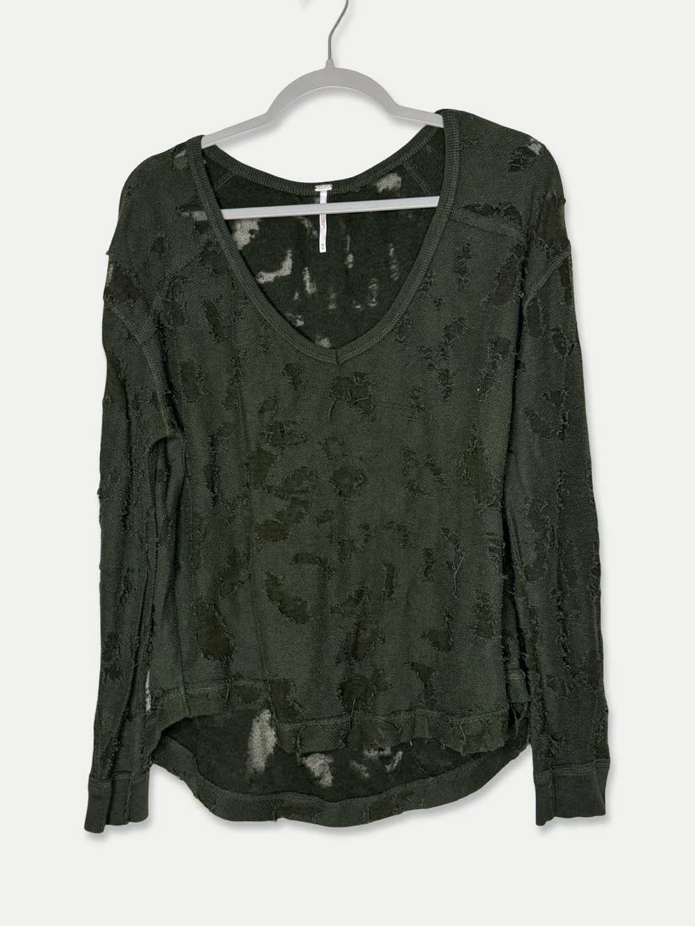 Free People Distressed Destroyed V-Neck Pullover Top Green Size M